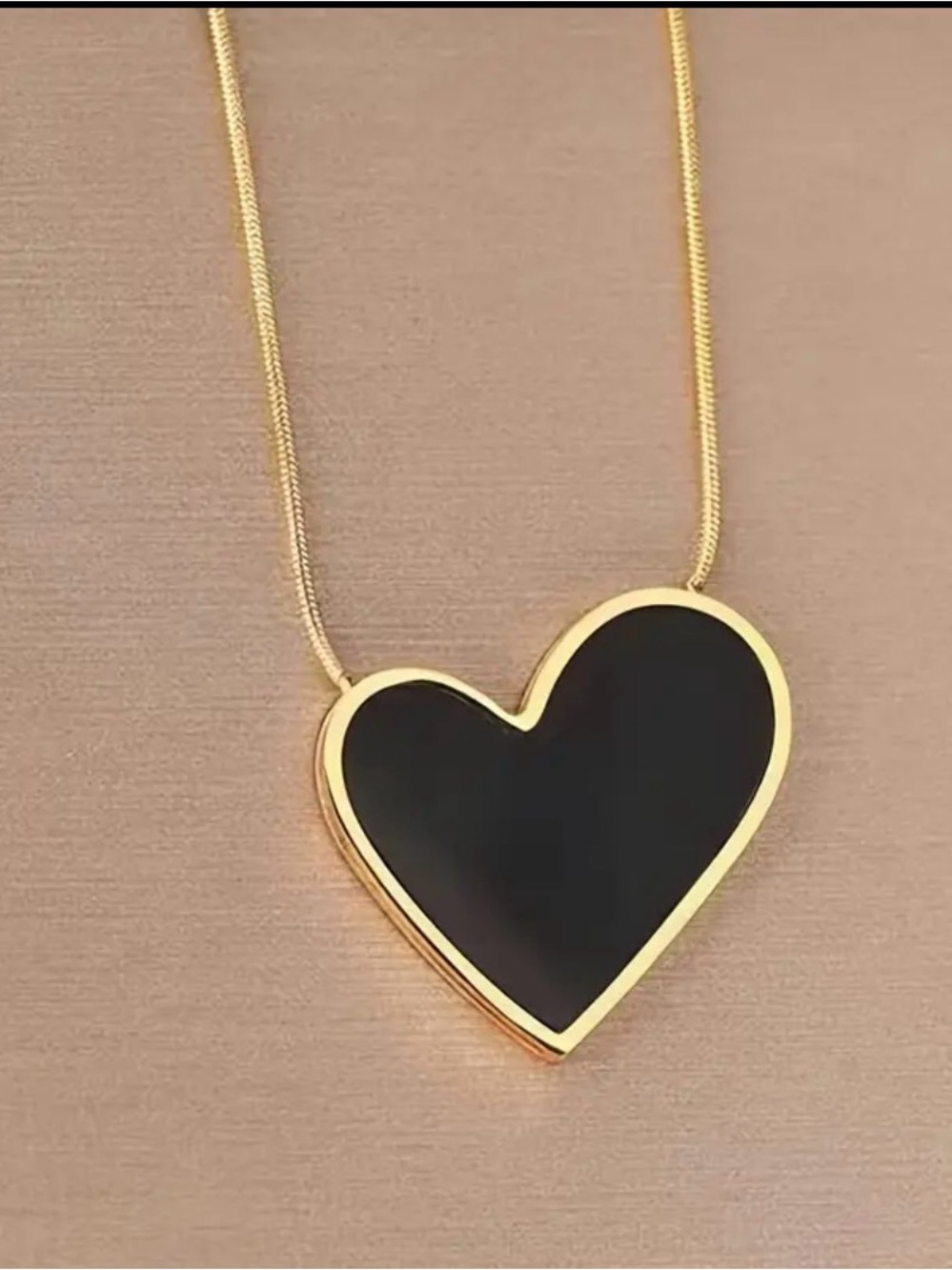 Gold Heart Pendant Necklace with Black Inlay - Women Jewelry